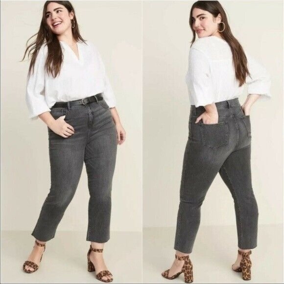 Old Navy Jeans Flare Ankle High Rise Gray Slim Pocket Raw Hem NWT - Picture 1 of 10